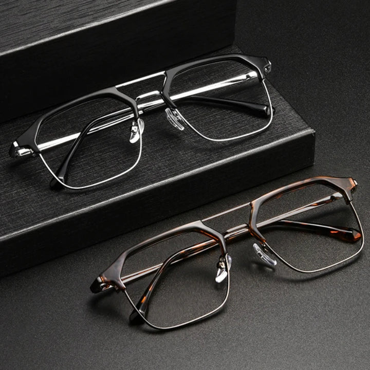 Hotochki Unisex Full Rim Square Double Bridge Tr 90 Alloy Eyeglasses 680874