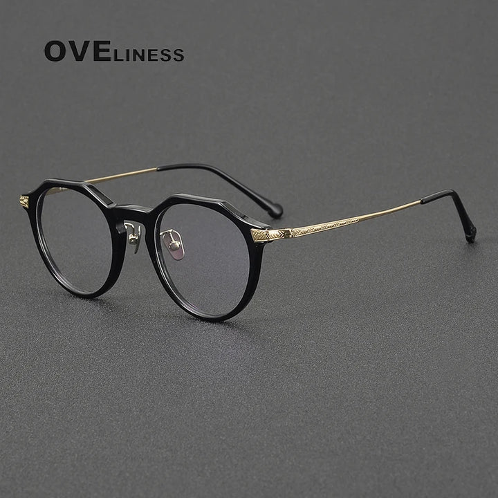 Oveliness Unisex Full Rim Flat Top Oval Acetate Titanium Eyeglasses 99402 Full Rim Oveliness black gold