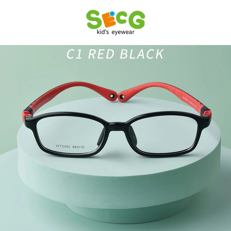 Secg Unisex Youth's Full Rim Square Tr 90 Silicone Eyeglasses 5082 Full Rim Secg C1 RED BLACK  