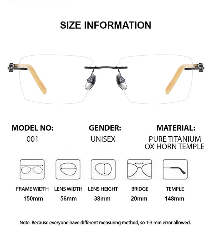 Summer Flower Men's Rimless Square Titanium Horn Tip Eyeglasses 611150
