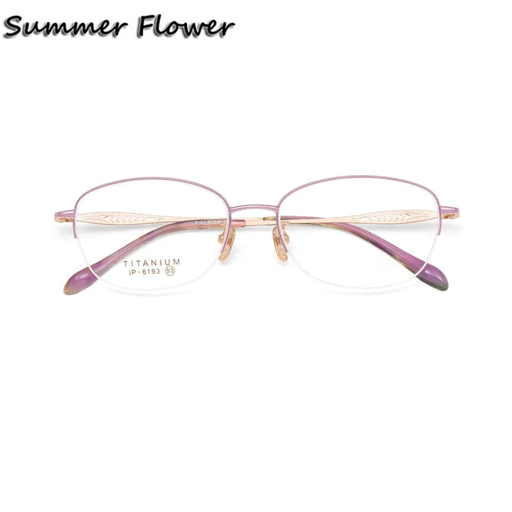 Summer Flower Women's Semi Rim Oval Square Titanium Eyeglasses 86193 Full Rim Summer Flower Purple-Rose Gold