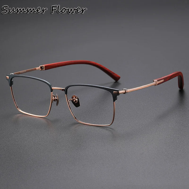 Summer Flower Unisex Full Rim Square Titanium Sandalwood Eyeglasses 82340 Full Rim Summer Flower Blue Gold