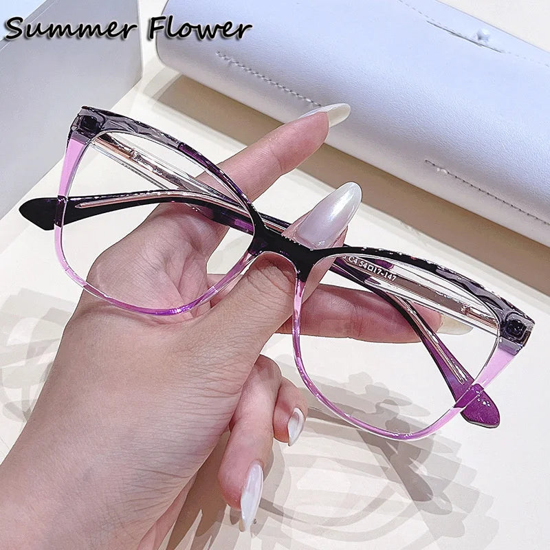 Summer Flower Women's Full Rim Square Cat Eye Tr 90 Titanium Eyeglasses 76003 Full Rim Summer Flower Gray Purple