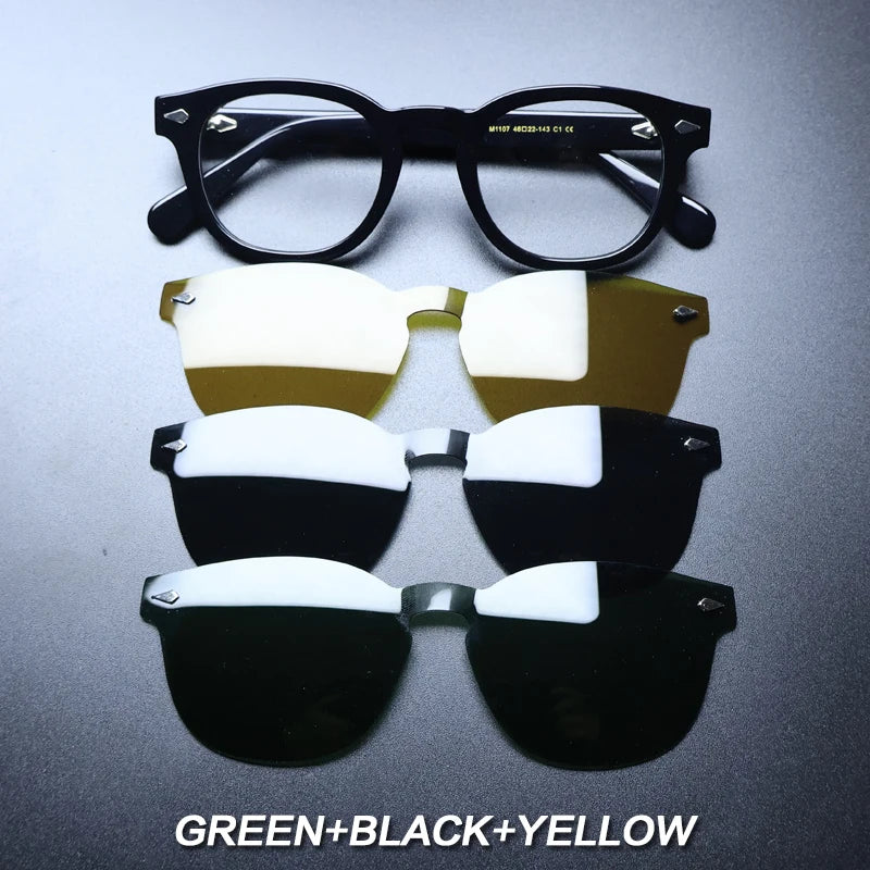 Gatenac Unisex Full Rim Round Acetate Optional Clip On Sunglasses 1237 Clip On Sunglasses Gatenac Black 3 Clips  