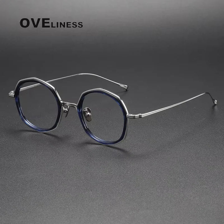 Oveliness Unisex Full Rim Polygon Titanium Acetate Eyeglasses 21135 Full Rim Oveliness blue silver  