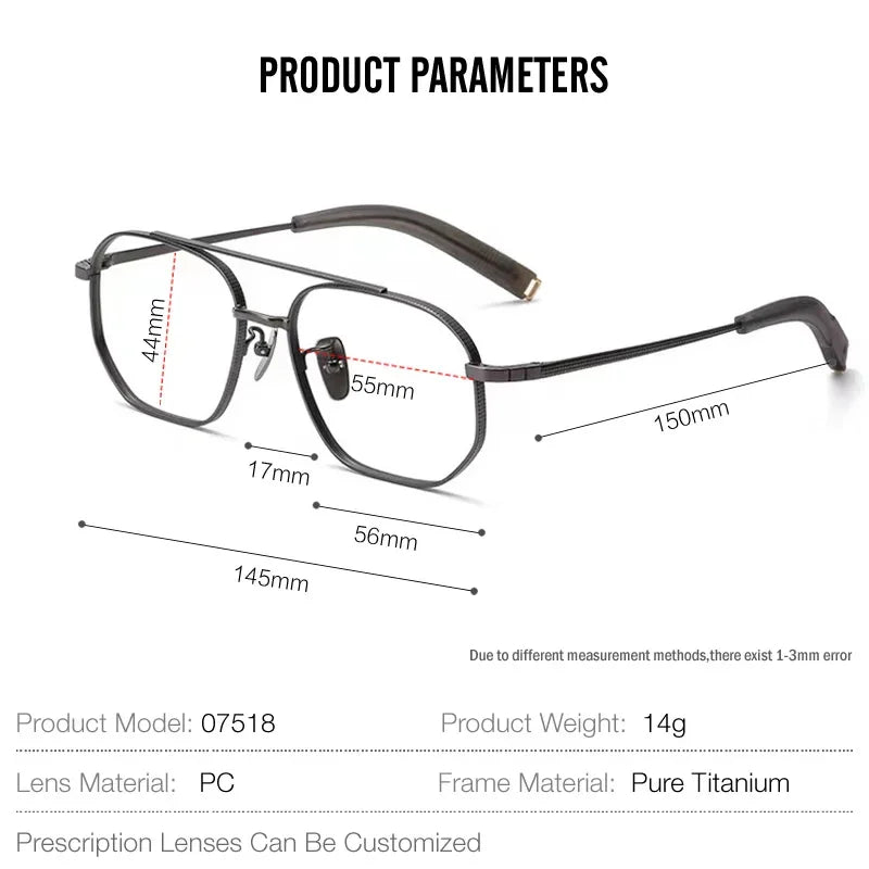 Aror Unisex Full Rim Square Double Bridge Titanium Eyeglasses 47518 Full Rim Aror