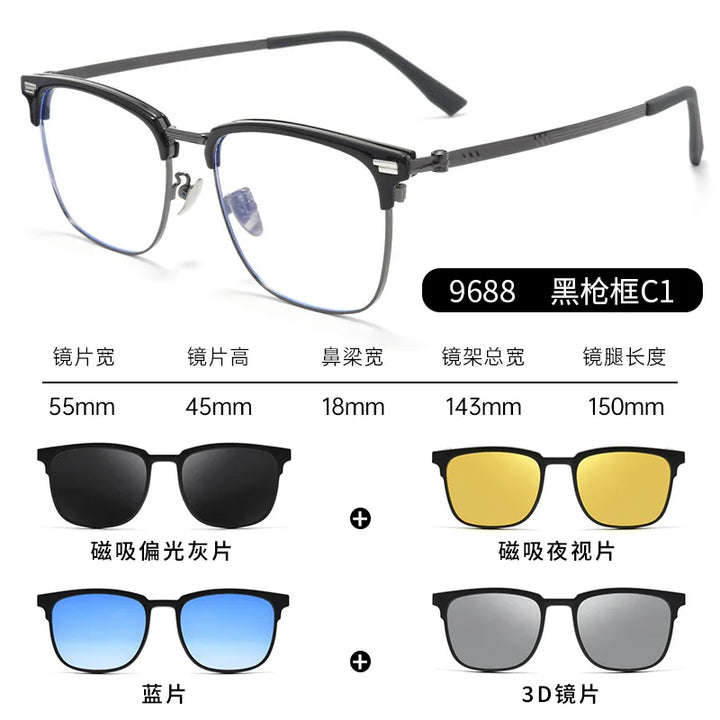 Reven Jate Unisex Full Rim Square Titanium Tr 90 Eyeglasses Clip On Sunglasses 96889