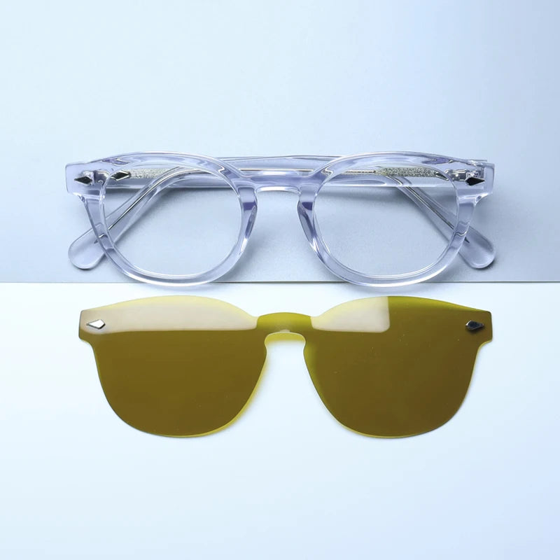 Gatenac Unisex Full Rim Round Acetate Eyeglasses Polarized Clip On Sunglasses 1145  FuzWeb  Transparent Yellow  