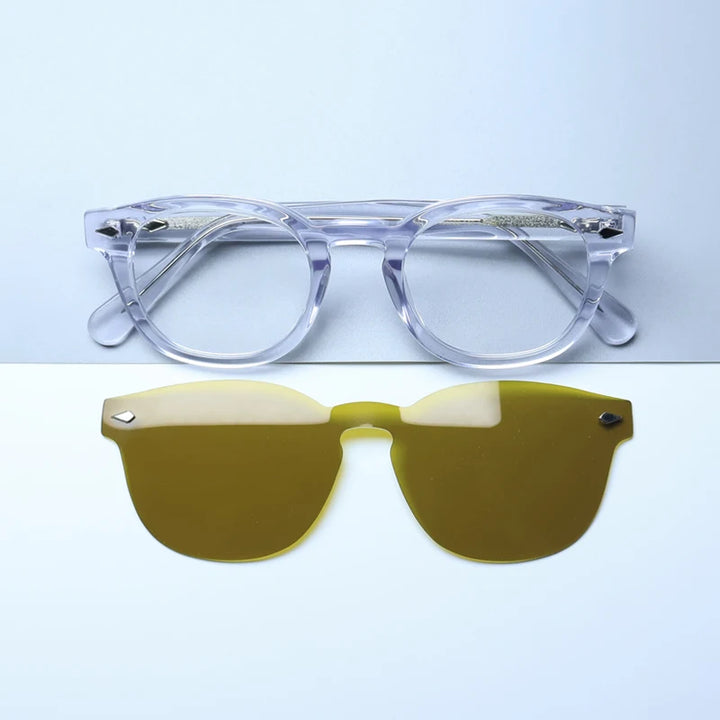 Gatenac Unisex Full Rim Round Acetate Eyeglasses Polarized Clip On Sunglasses 1145  FuzWeb  Transparent Yellow  