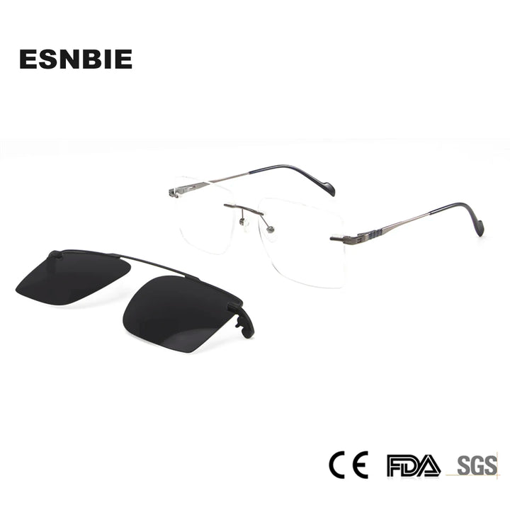 Esnbie Unisex Rimless Square Alloy Eyeglasses Clip On Sunglasses 60031 With Clip Ons Esnbie   