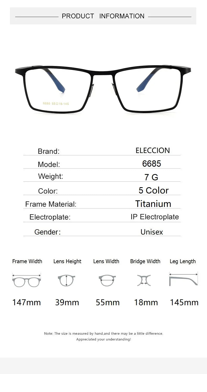 Eleccion Men's Full Rim Square Screwless Titanium Eyeglasses 6685