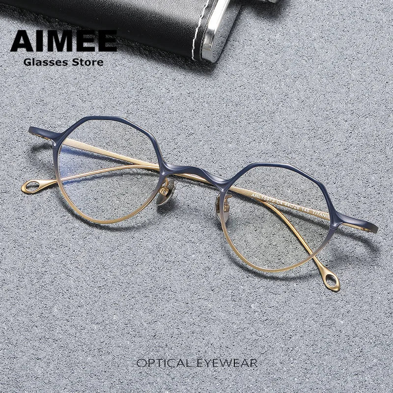 Aimee Unisex Full Rim Polygon Round Titanium Eyeglasses 5973 Full Rim Aimee Blue-Silver  