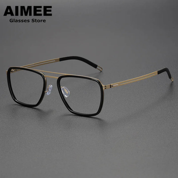 Aimee Unisex Full Rim Square Double Bridge Titanium Acetate Eyeglasses 8202 Full Rim Aimee Black-Golden  