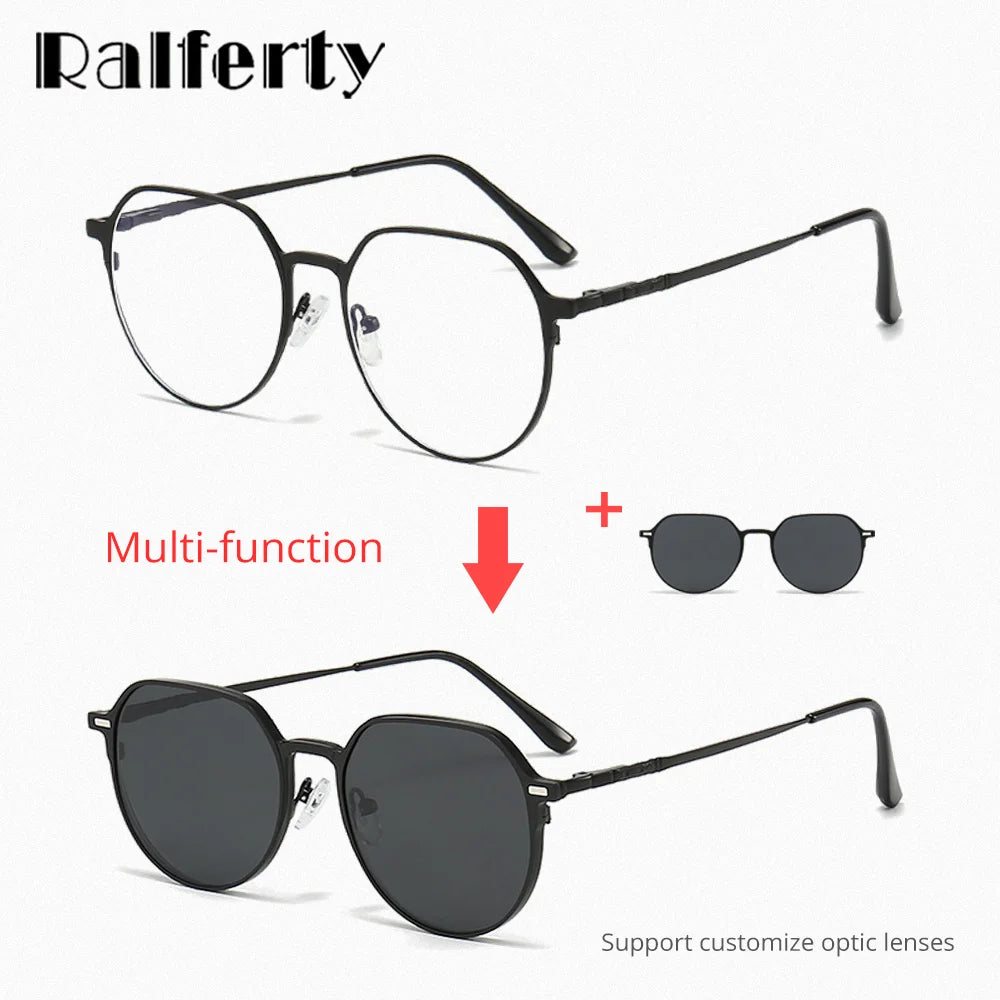 Ralferty Women's Full Rim Flat Top Round Alloy Eyeglasses  Clip On Polarized Sunglasses R815 With Clip Ons Ralferty   