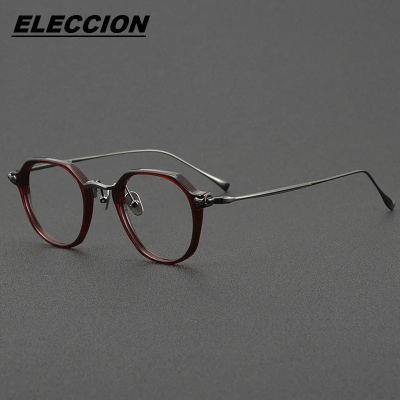 Eleccion Unisex Full Rim Polygon Acetate Titanium Eyeglasses 81036 Full Rim Eleccion Dark Red CHINA