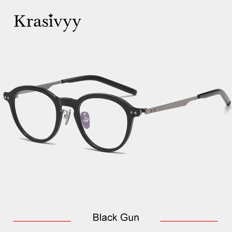 Krasivyy Unisex Full Rim Round Acetate Titanium Eyeglasses 942113 Full Rim Krasivyy Black Gun