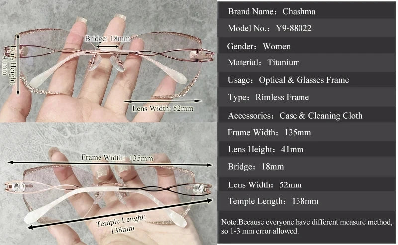 Chashma Ottica Women's Rimless Butterfly Titanium Eyeglasses 880224
