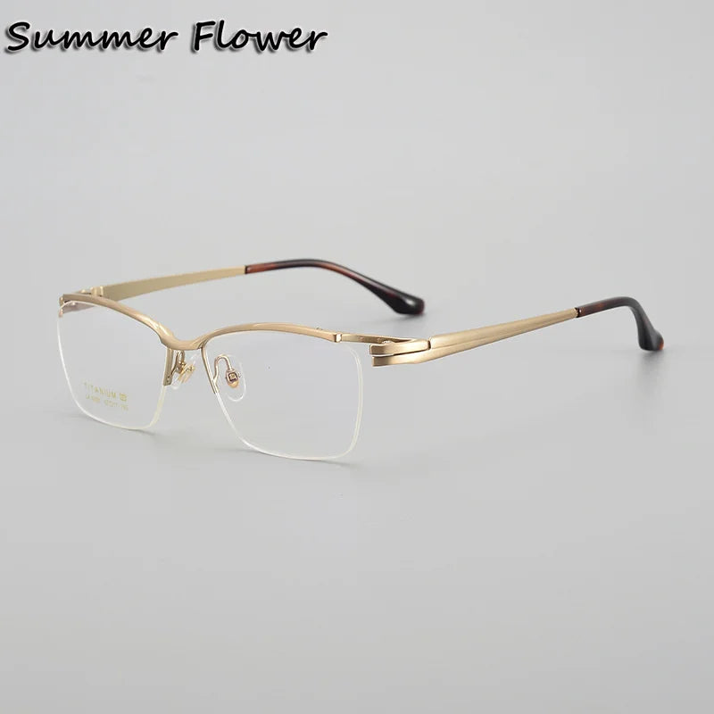 Summer Flower Unisex Semi Rim Square Titanium Brow Line Eyeglasses 86205 Semi Rim Summer Flower Gold