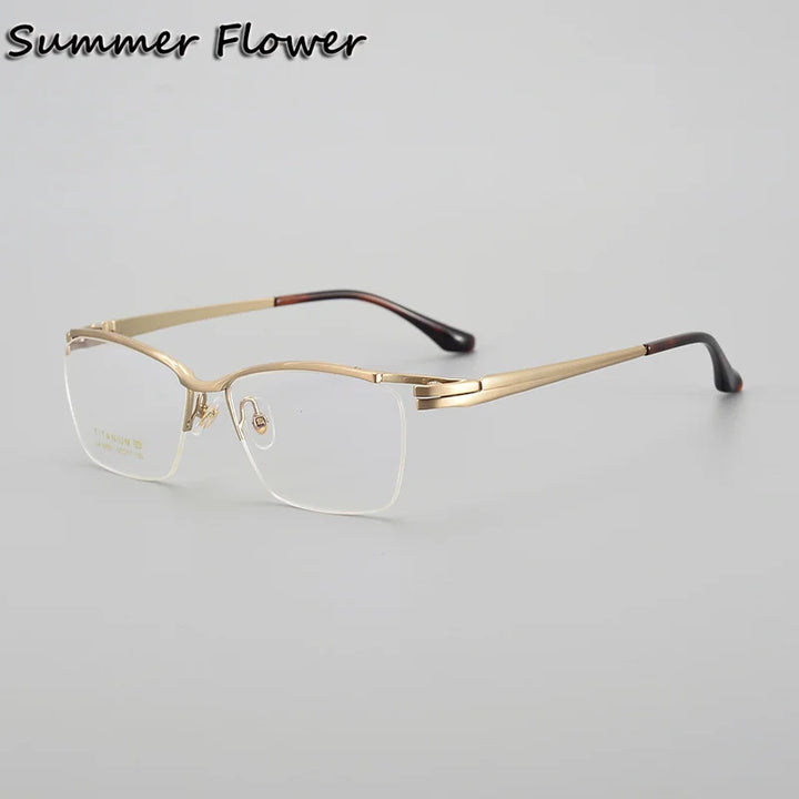 Summer Flower Unisex Semi Rim Square Titanium Brow Line Eyeglasses 86205 Semi Rim Summer Flower Gold