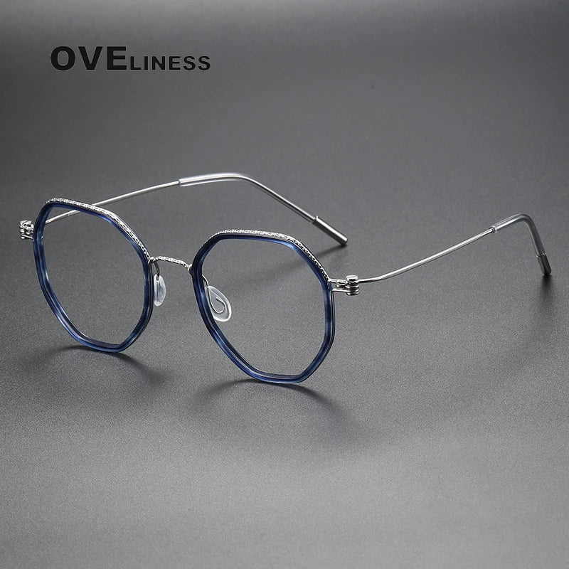 Oveliness Unisex Full Rim Flat Top Round Acetate Titanium Eyeglasses 80889 Full Rim Oveliness blue silver  