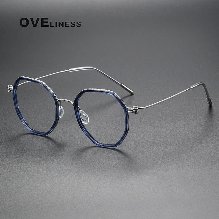 Oveliness Unisex Full Rim Flat Top Round Acetate Titanium Eyeglasses 80889 Full Rim Oveliness blue silver  