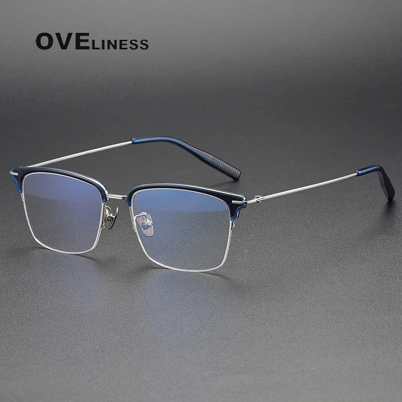 Oveliness Unisex Semi Rim Square Acetate Titanium Eyeglasses 80990 Semi Rim Oveliness blue silver  