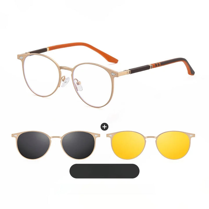 Momoja Women's Full Rim Round Steel Eyeglasses Clip On Sunglasses 77043