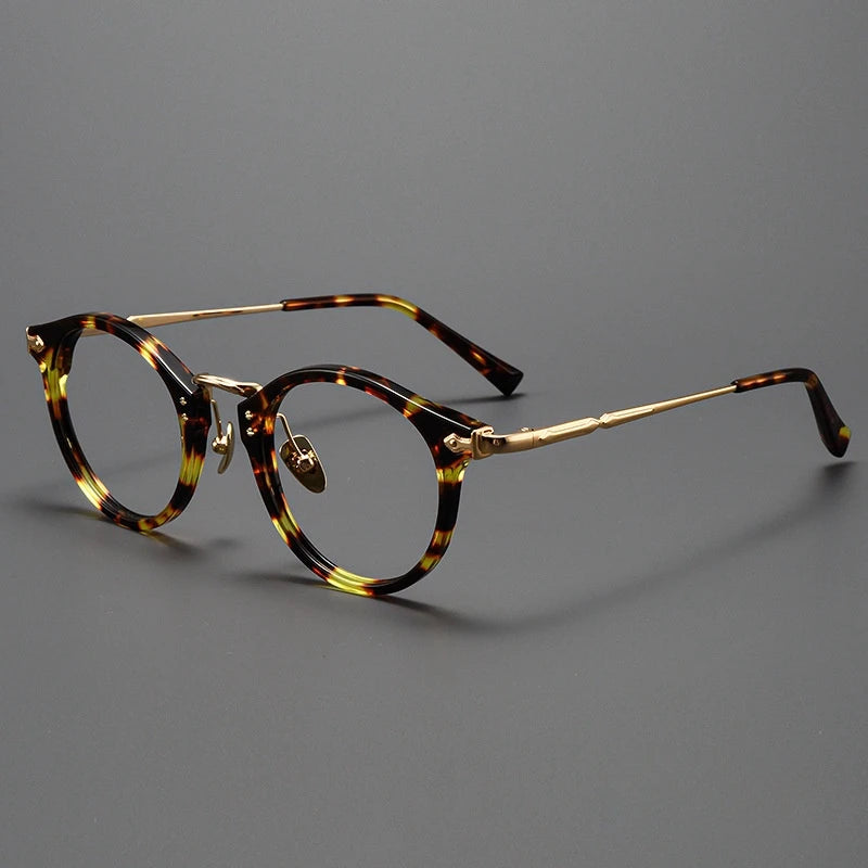 Yimaruili Unisex Full Rim Round Acetate Titanium Eyeglasses Y2055 Full Rim Yimaruili Eyeglasses Tortoiseshell Gold  