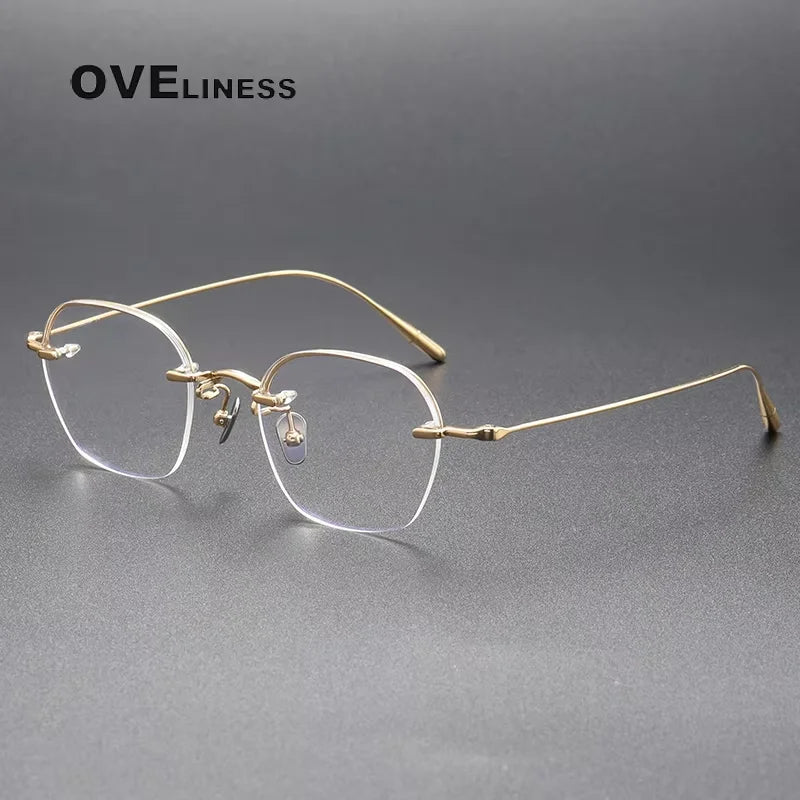 Oveliness Women's Semi Rim Polygon Oval Titanium Eyeglasses 71312 Semi Rim Oveliness gold