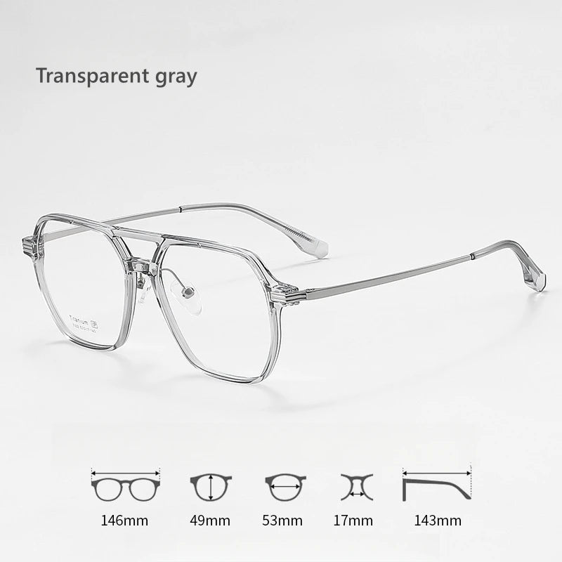 KatKani Mens Full  Rim Double Bridge Square Titanium Eyeglasses 7133 Full Rim KatKani Eyeglasses Transparent gray  