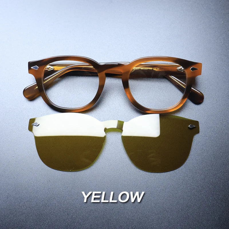 Gatenac Unisex Full Rim Round Acetate Optional Clip On Sunglasses 1237 Clip On Sunglasses Gatenac Turtle Yellow  