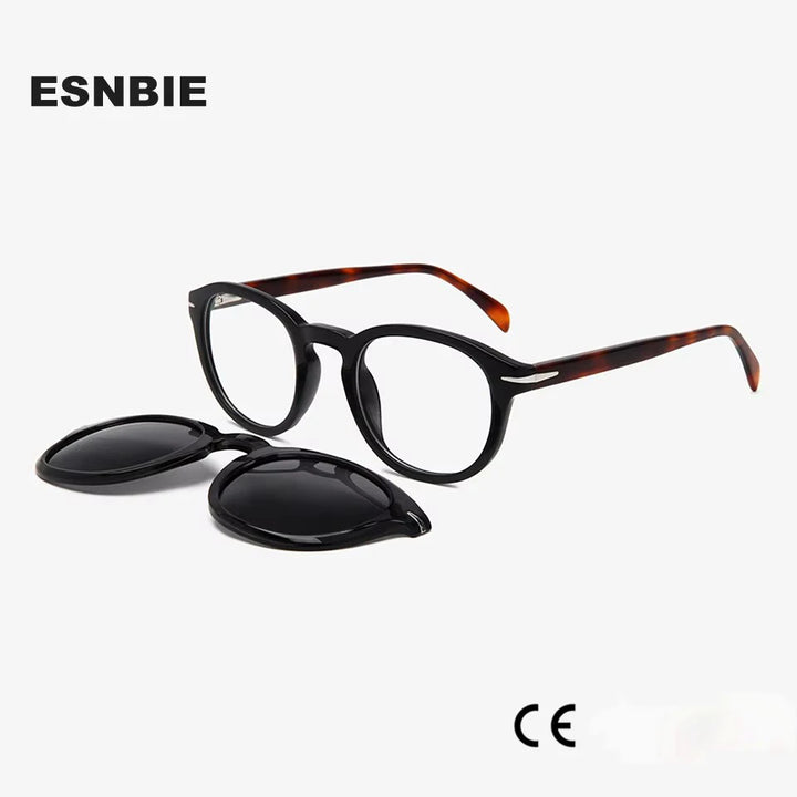 Esnbie Unisex Full Rim Round Acetate Eyeglasses Clip On Sunglasses 4210 With Clip Ons Esnbie   