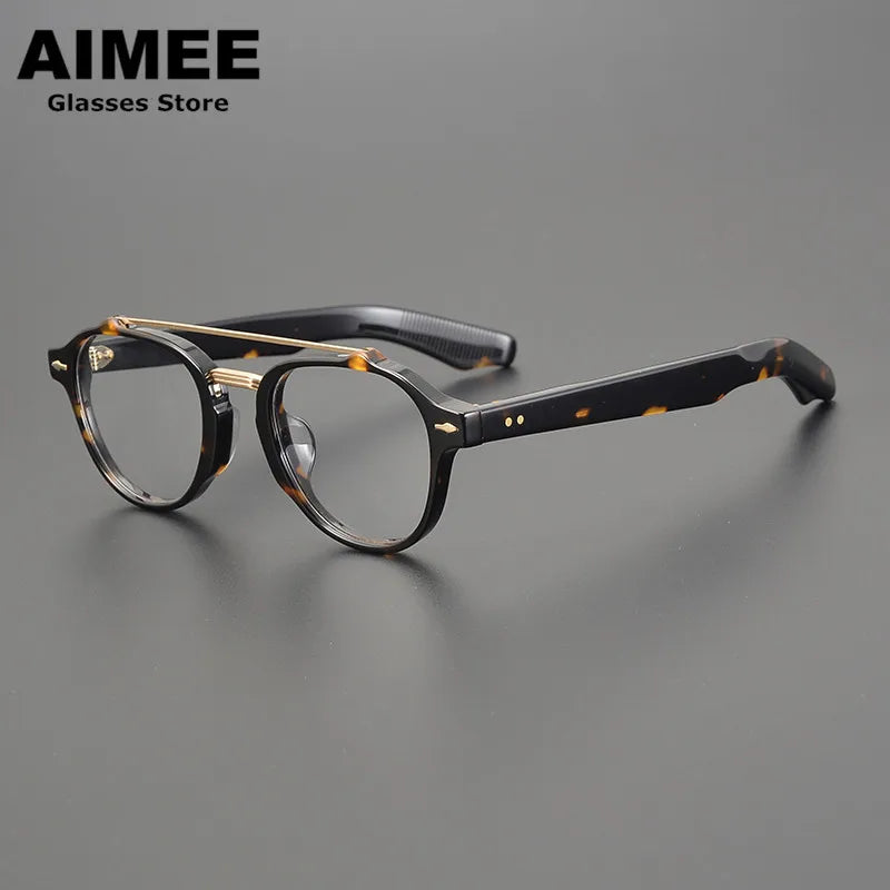 Aimee Unisex Full Rim Round Double Bridge Acetate Titanium Eyeglasses 6818 Full Rim Aimee Tortoise  