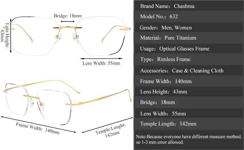 Chashma Ochki Unisex Rimless Polygon Titanium Eyeglasses 881632