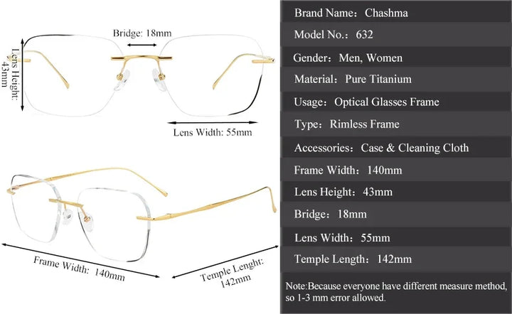 Chashma Ochki Unisex Rimless Polygon Titanium Eyeglasses 881632