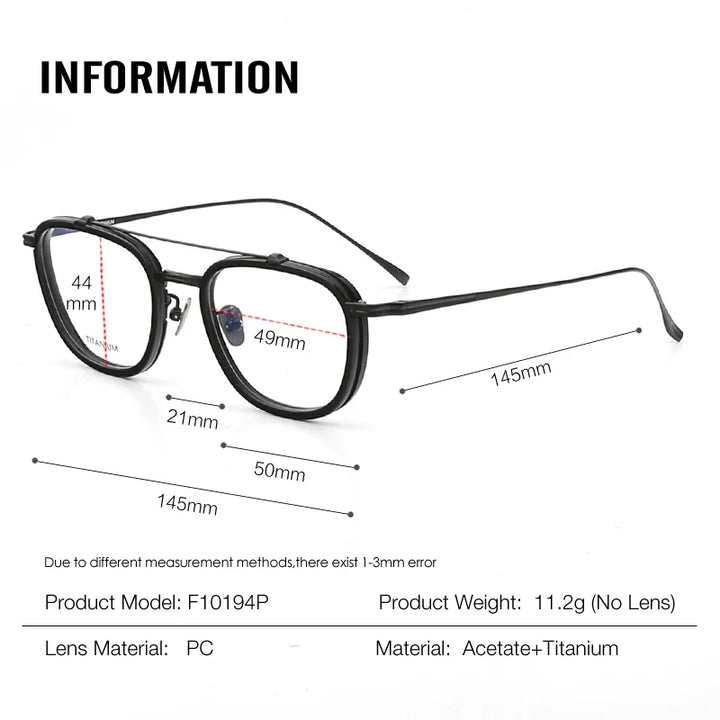 Aror Unisex Full Rim Square Double Bridge Titanium Acetate Eyeglasses 10197