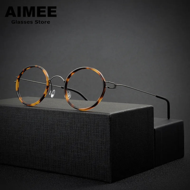 Aimee Unisex Full Rim Round Screwless Titanium Acetate Eyeglasses 13822 Full Rim Aimee Tortoise Gun Grey  