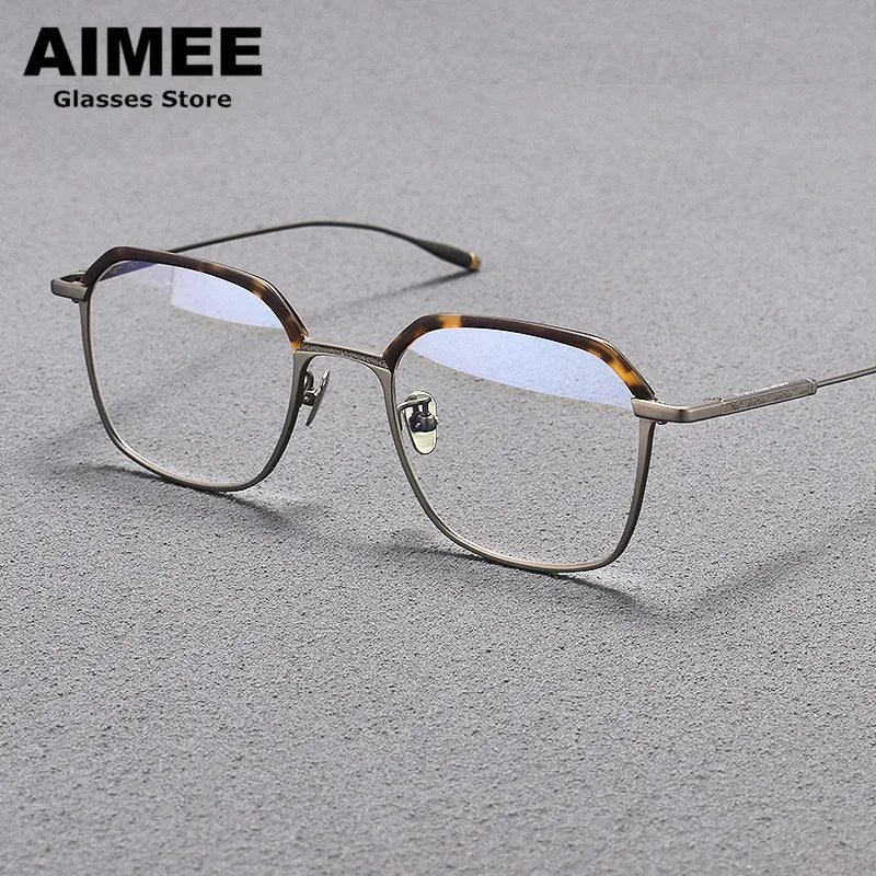 Aimee Unisex Full Rim Flat Top Polygon Titanium Acetate Eyeglasses 1057 Full Rim Aimee Tortoise-Gun  