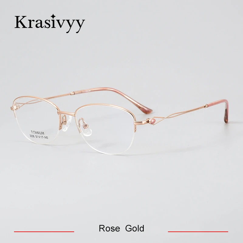 Krasivyy Women's Semi Rim Oval Round Titanium Eyeglasses 443006 Semi Rim Krasivyy Rose Gold  