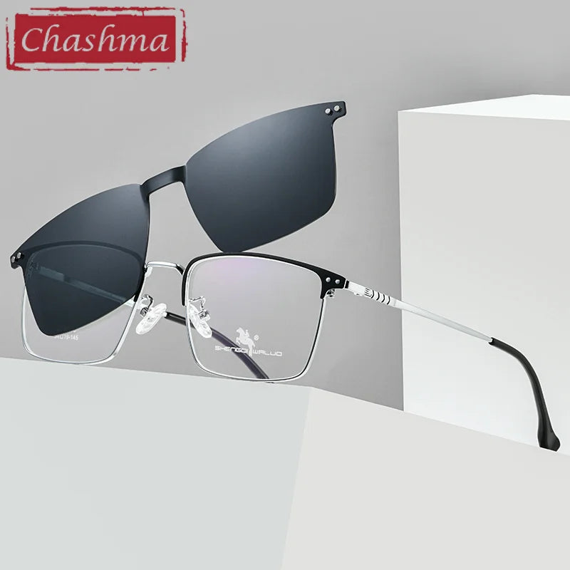 Chashma Ottica Unisex Full Rim Square Alloy Eyeglasses Clip On Sunglasses 940162