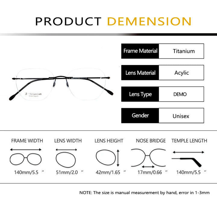 Esnbie Unisex Rimless Polygon Square Titanium Eyeglasses 243212