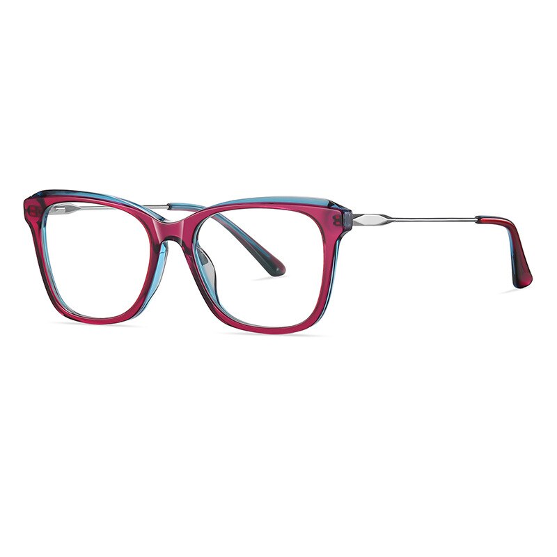 CCspace Women's Full Rim Square Cat Eye Spring Hinge Acetate Alloy Eyeglasses 56241 Full Rim CCspace RedBlue  