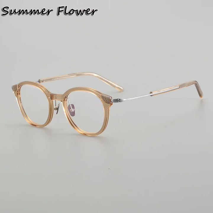 Summer Flower Women's Full Rim Round Acetate Titanium Eyeglasses 742003 Full Rim Summer Flower Transparent Brown