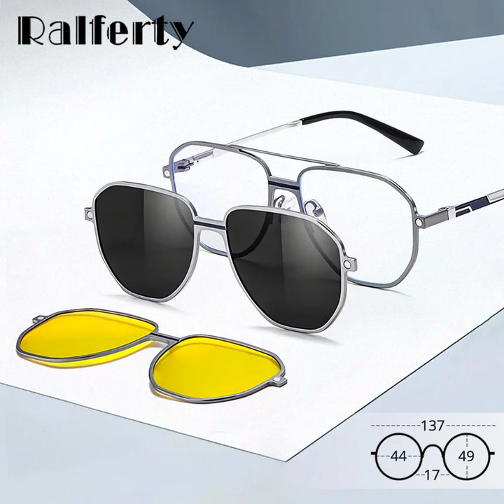 Ralferty Unisex Full Rim Square Double Bridge Al Mg Eyeglasses Clip On Sunglasses 397037