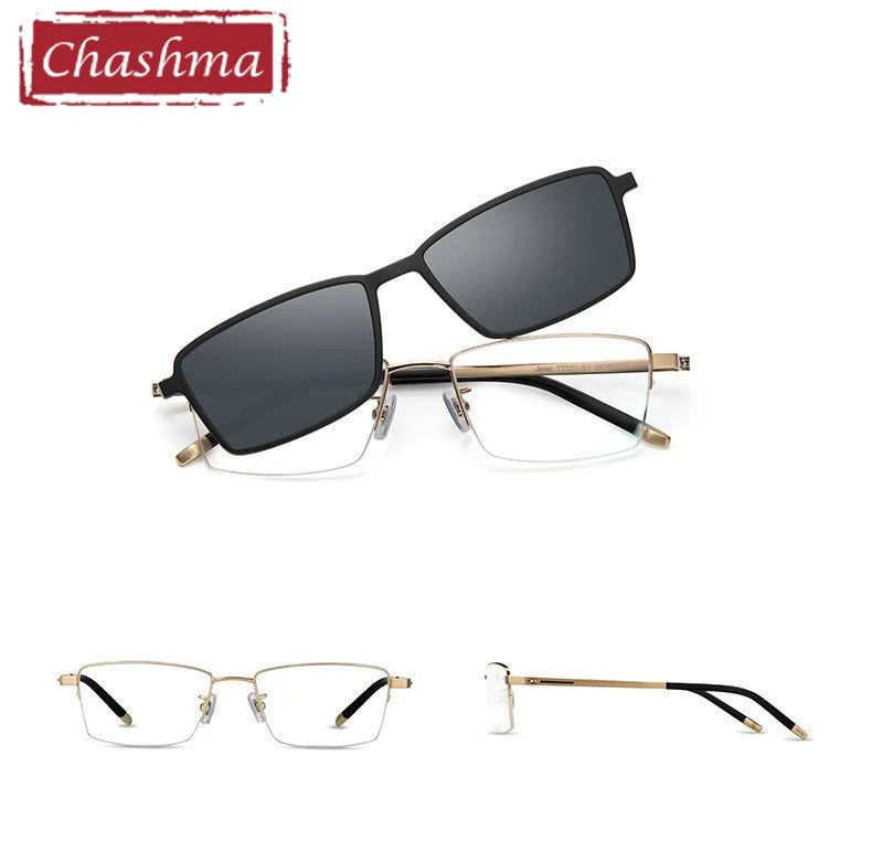 Chashma Men's Semi Rim Square Titanium Eyeglasses Clip On Sunglasses 887071