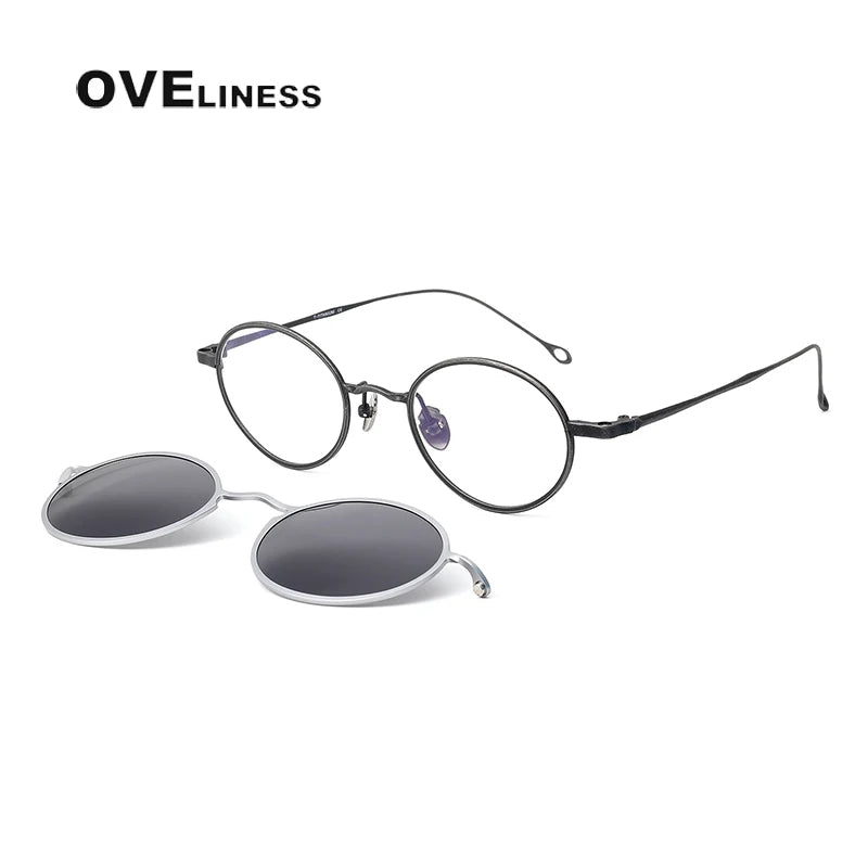 Oveliness Unisex Full Rim Oval Titanium Eyeglasses Clip On Sunglasses 42610 With Clip Ons Oveliness black silver grey