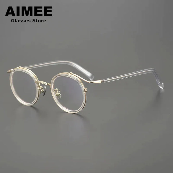 Aimee Men's Full Rim Round Square Titanium Acetate Eyeglasses 12203 Full Rim Aimee Transparent-Golden  