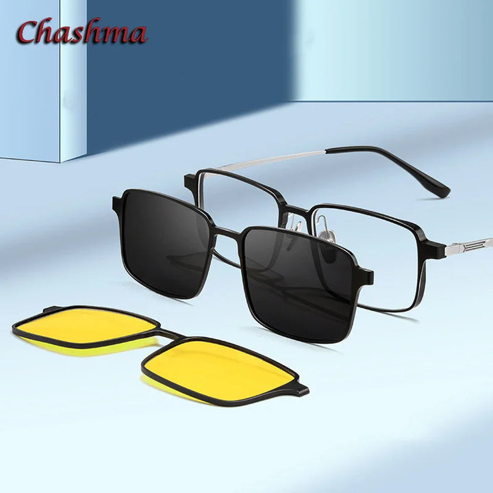 Chashma Ochki Men's Full Rim Square Tr 90 Titanium Eyeglasses Clip On Sunglasses 39909