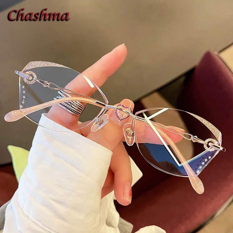 Chashma Ochki Women's Rimless Oval Titanium Glitter Edge Eyeglasses 8884 Rimless Chashma Ochki Gold Clear  