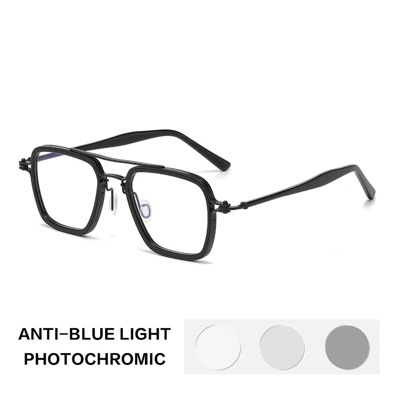 Gatenac Unisex Full Rim Big Square Double Bridge Acetate Titanium Photochromic Reading Glasses 58753